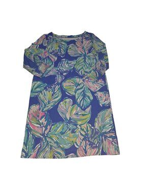 Lilly Pulitzer Girl XL12/14 Blue Tropical Leaf Print Shift Dress 4485